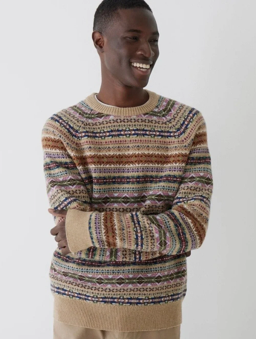 J. Crew Men's Fair Isle Lambswool Blend Crewneck Sweater Heather Sand, Sz L
